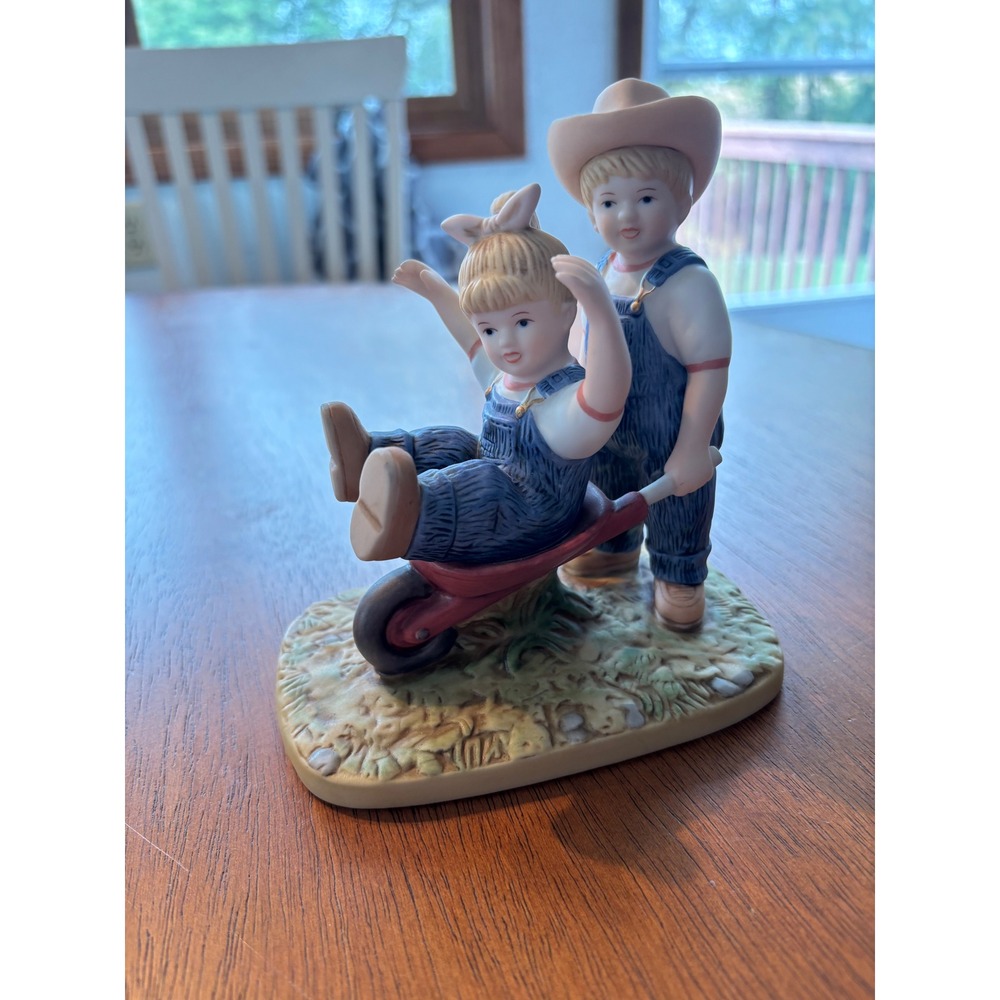 Denim Days Home Interiors The Wheelbarrow Figurine 15355-02 Boy Girl Overalls